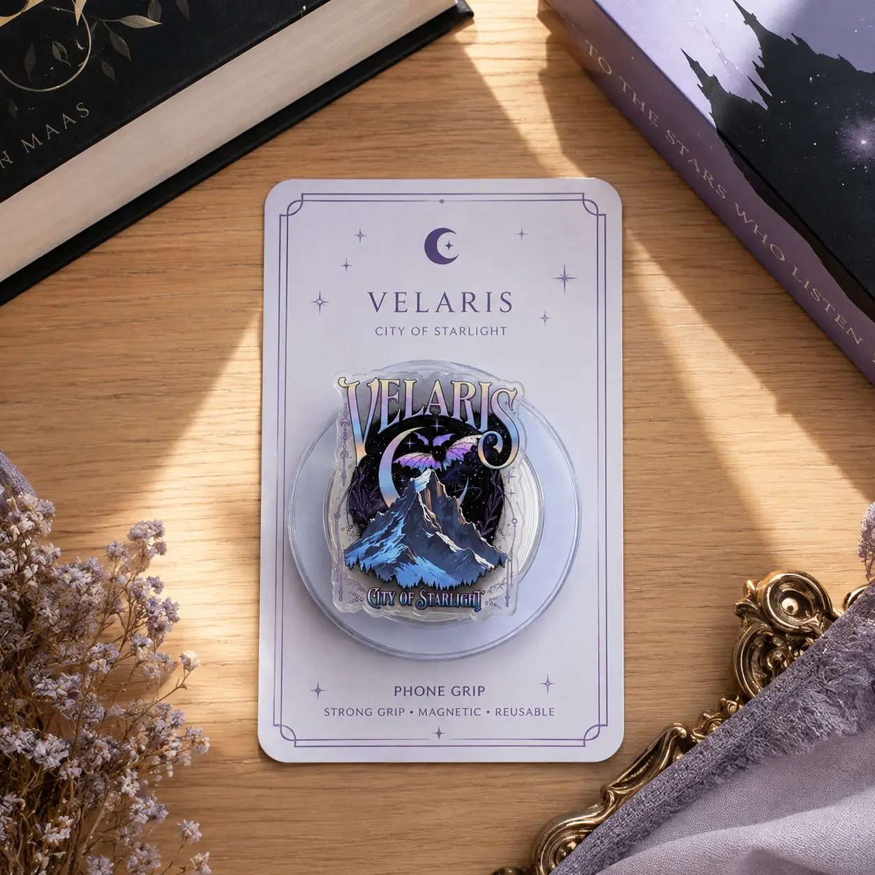Velaris City of Starlight Phone Grip, Fantasy Book Magnetic Kindle Grip, Crescent Moon Bat & Mountain Design, Dark Academia MagSafe Holder, Gift for Fantasy Readers
