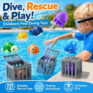 Kids Pool Diving Rescue Toys, Sinking Cage & Floating Ocean Animal Toy Set, 3D Printed Water Play Game for Summer Swimming Pool Fun