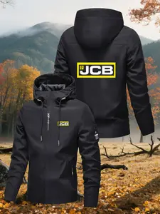 Men's Soft Shell Jacket, Jcb Print, Sun Protection Hooded Jacket, Zip Pocket, Adjustable Hood, Outdoor Casual Sporty Coat