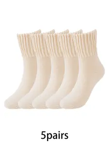 5 pairs of fashionable and simple Casual plush fuzzy knitted socks, comfortable and soft mid tube socks, women's winter warm knitted socks