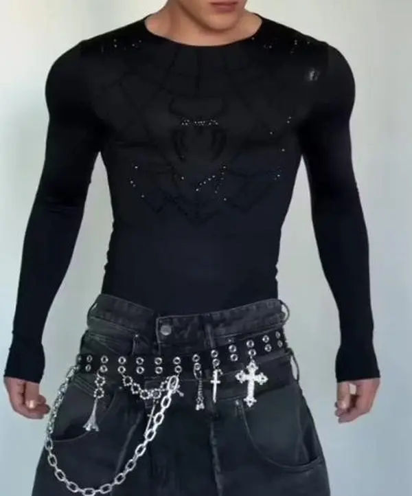 Men's Rhinestone Spiderweb Long Sleeve TOP