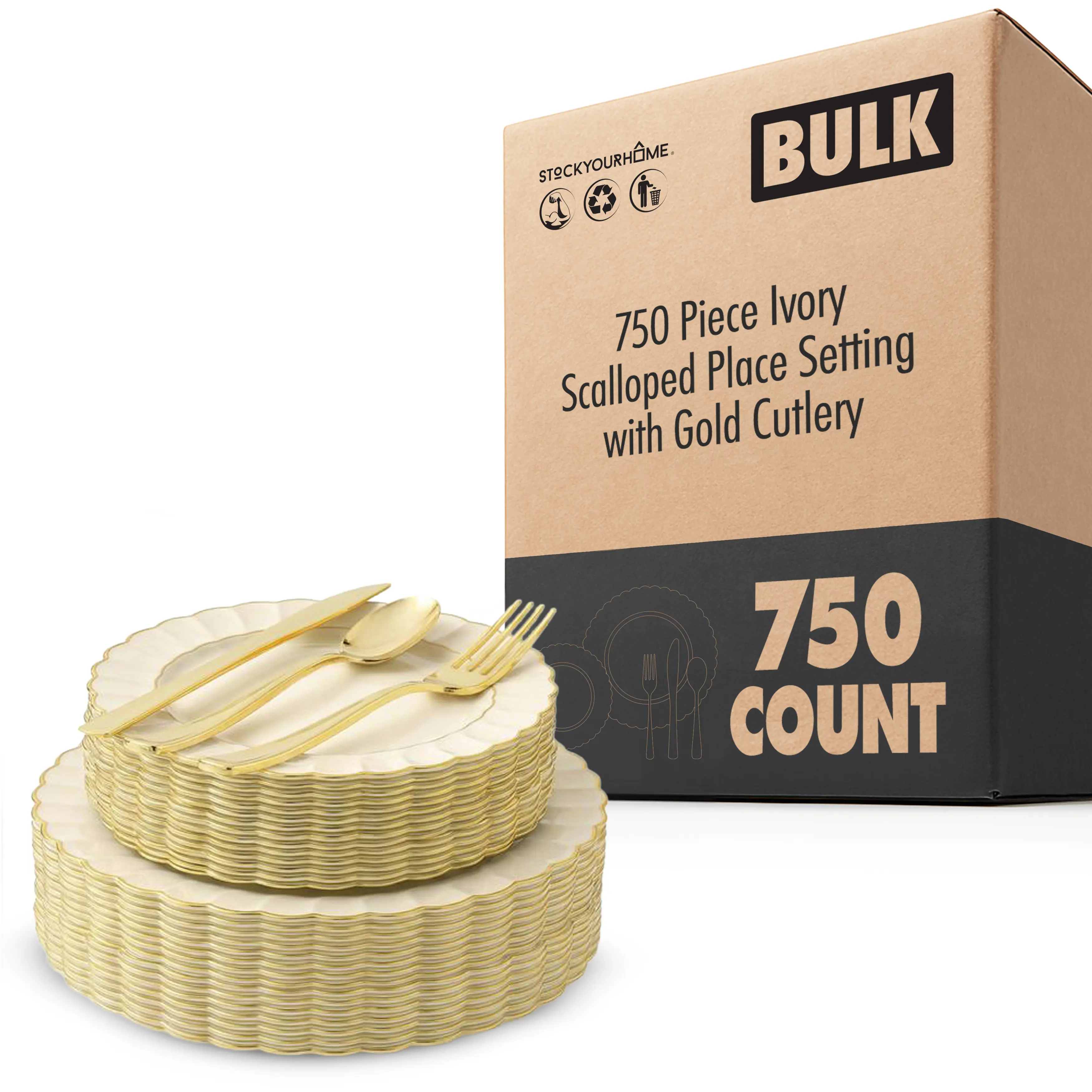 750 Piece Ivory Scalloped Place Setting with Gold Cutlery