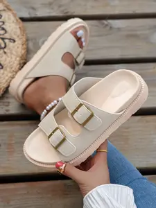 New One-Step Flat Sandals, Large Size Couple Shoes, Spring & Fall Belt Buckle Design, Outdoor Fashion Lightweight Slippers