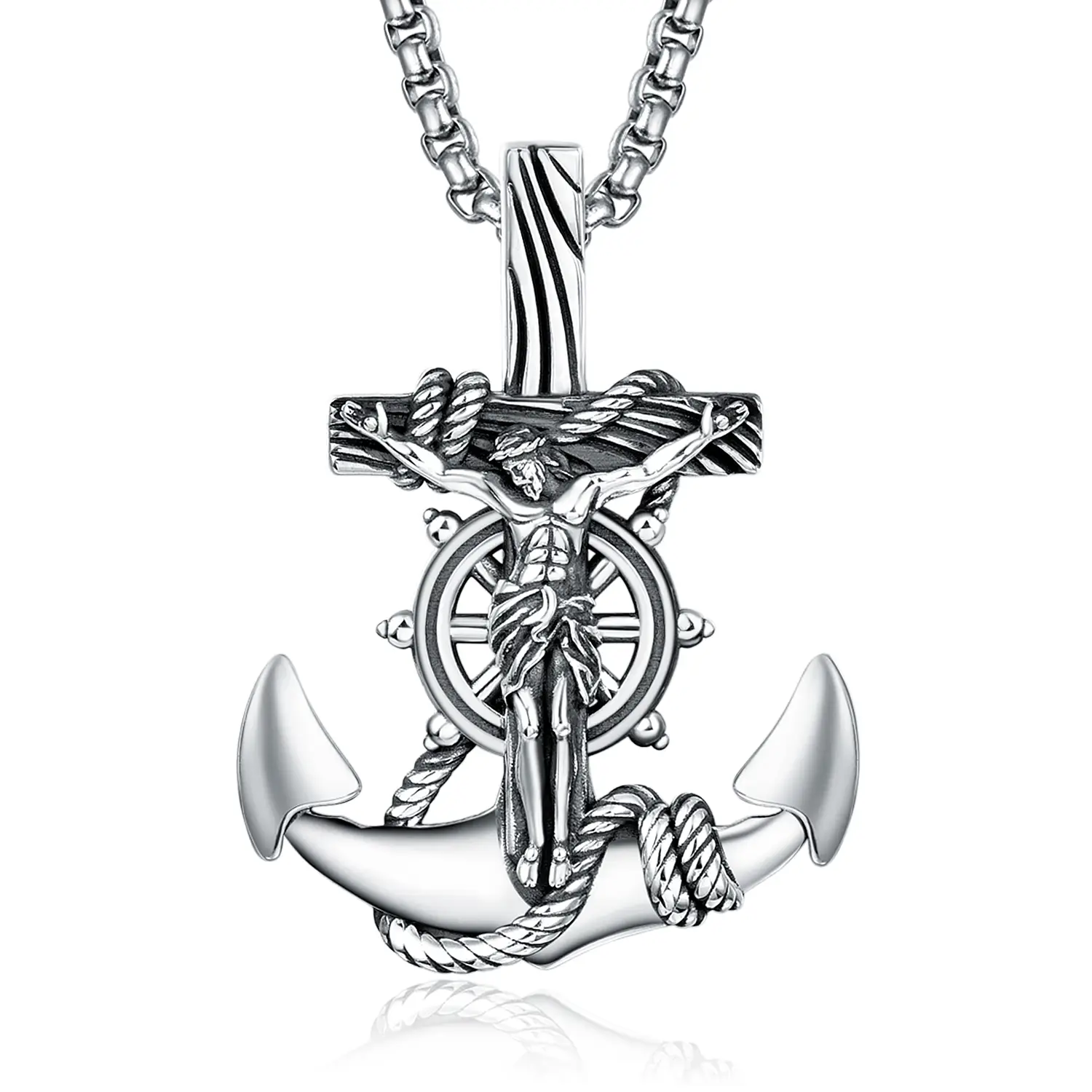 S925 Sterling Silver Anchor and Jesus Pendant Necklace for Men and Women