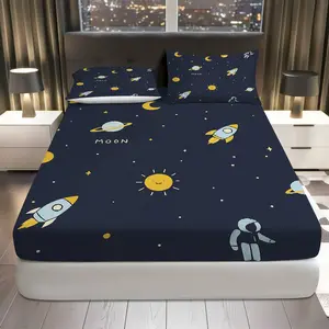 3Pcs Space Rocket Moon Fitted Sheet Three Piece Set (1*Fitted Sheet+2*Pillowcases, Coreless), Universal Theme, Galaxy Design Bedding Set, Mattress Protector Soft, Breathable