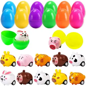 12 Pack Easter Eggs Filled with Animal Pull Back Toy Cars, Easter Basket Stuffers Surprise Easter Gifts Hunt Theme Party Favors Classroom Prize Supplies