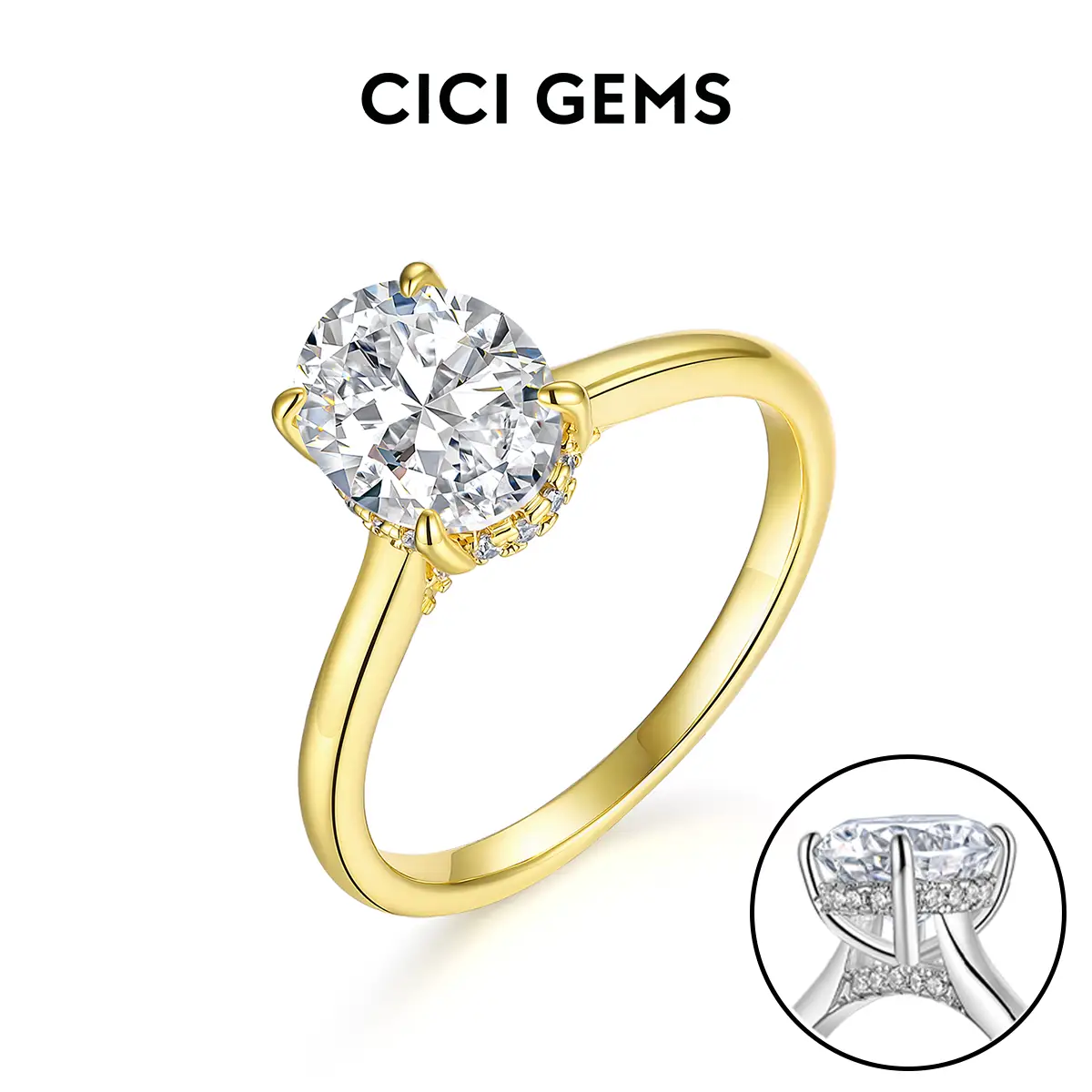 CICI GEMS Lab-Created Moissanite Ring 2CT Oval Cut D Color VVS1 Clarity for Women Stackable Halo High Setting 18K White Yellow Gold Plated Hypoallerge