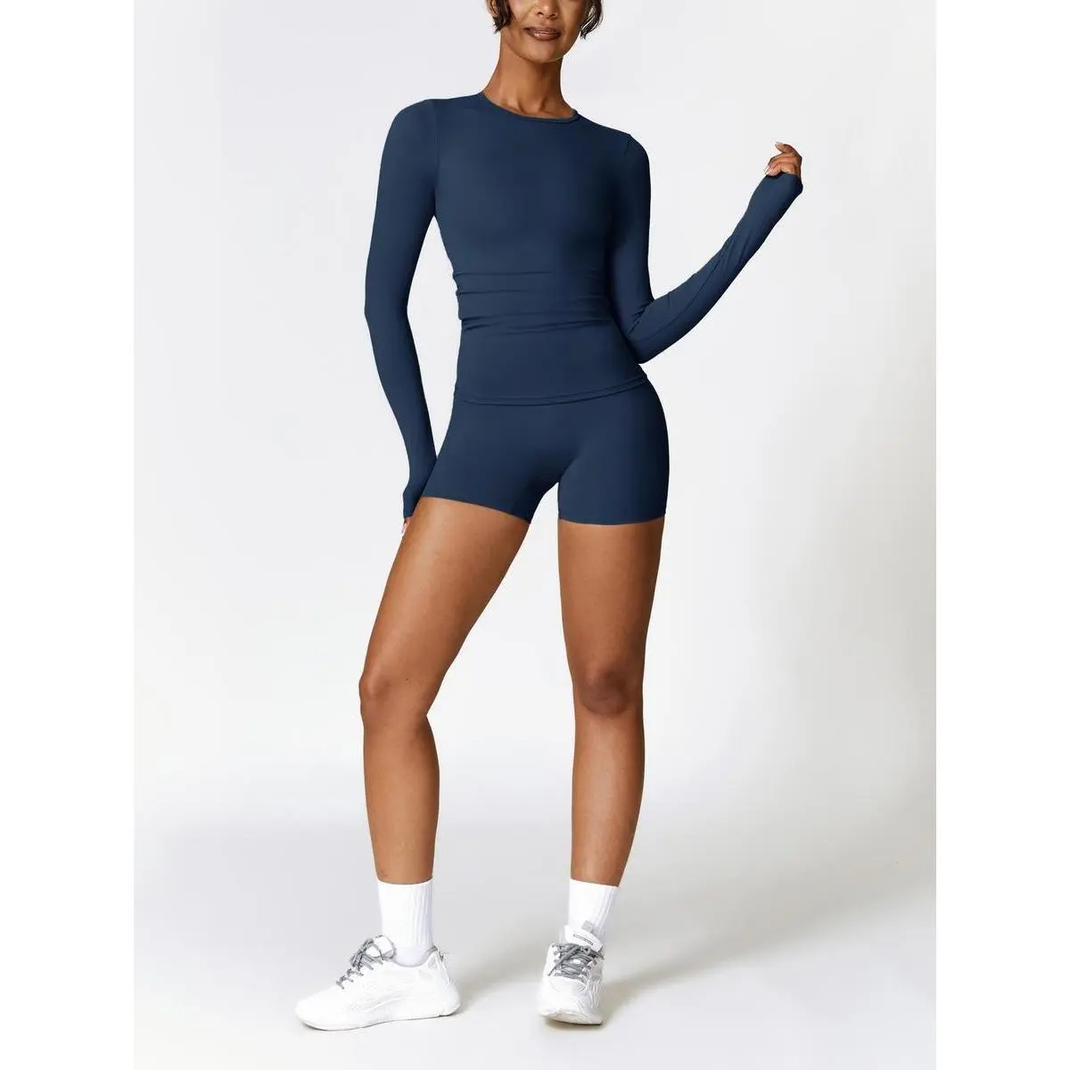 Women's Solid Round Neck Sports Tee & High Waist Shorts Tracksuit Set, Long Sleeve Tight-fitting Top & Skinny Shorts, Summer Outfits 2024, Ladies Sportswear for Indoor Outdoor Wear, Casual Workout Loungewear-A-HAN