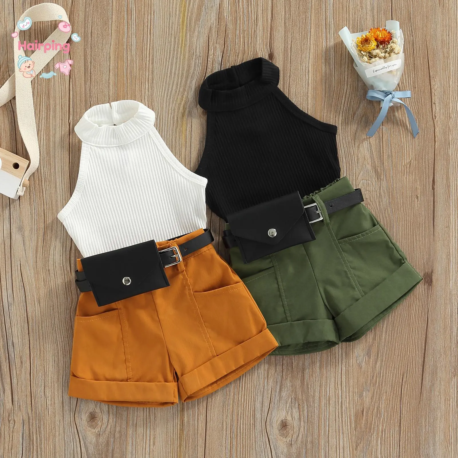Toddler Girl 2-Piece Ribbed Halter Neck Sleeveless Solid Outfit - Polyester Breathable Fabric, Accurate Fit, Belt Bag Included, Summer Casual Kids Clothes for Daily Use, Solid Colors,back to school
