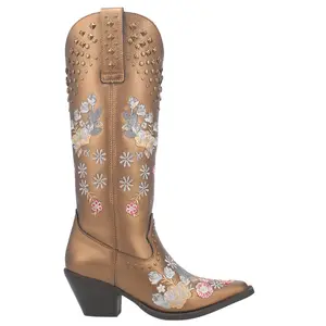 Dingo Womens Poppy Floral Embroidered Metallic Studded Snip Toe  Casual Boots Knee High Mid Heel 2-3" - Brown