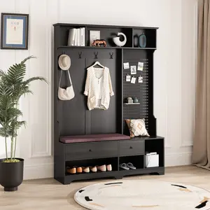 Dreamzon furniture Multi-purpose Hallway Hall Tree with Removable Linen Cushioned Entryway Bench, Coat Rack, Storage Shelves, and DIY Pegboard,for Hallways, Living Room, Black