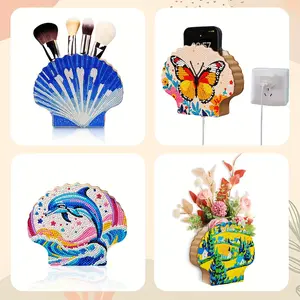 1pc Wooden Shell-Shaped Wall-Mounted Phone Charger Storage | Unique Multi-Pattern Design + Diamond Painting | Multi-functional: Bedside Phone Holder, Cosmetic Storage, Simple Vase, Rack | Ideal for Mediterranean Decor & Birthday Gifts