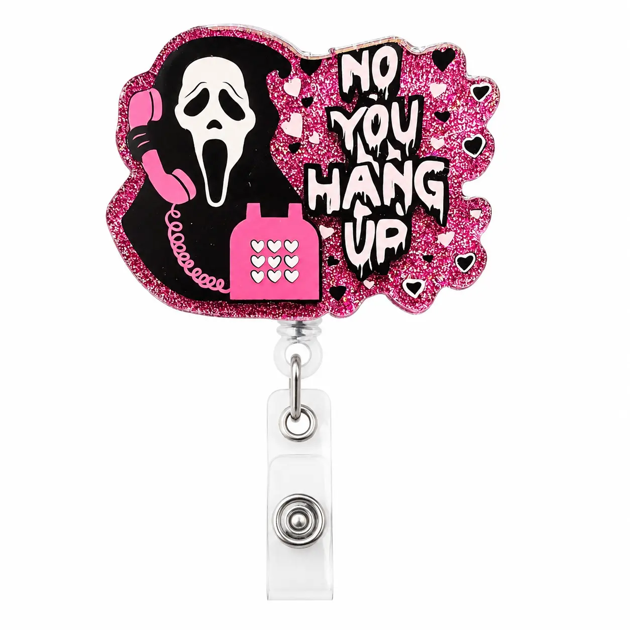 No you hang up pink halloween badge reel, spooky masked caller retractable ID holder, glitter acrylic work badge clip