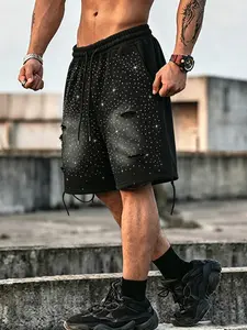 Men's All over Print Rhinestone Decorated Floral Casual Shorts, Fitted Style for All Seasons, Moderate Fabric Thickness
