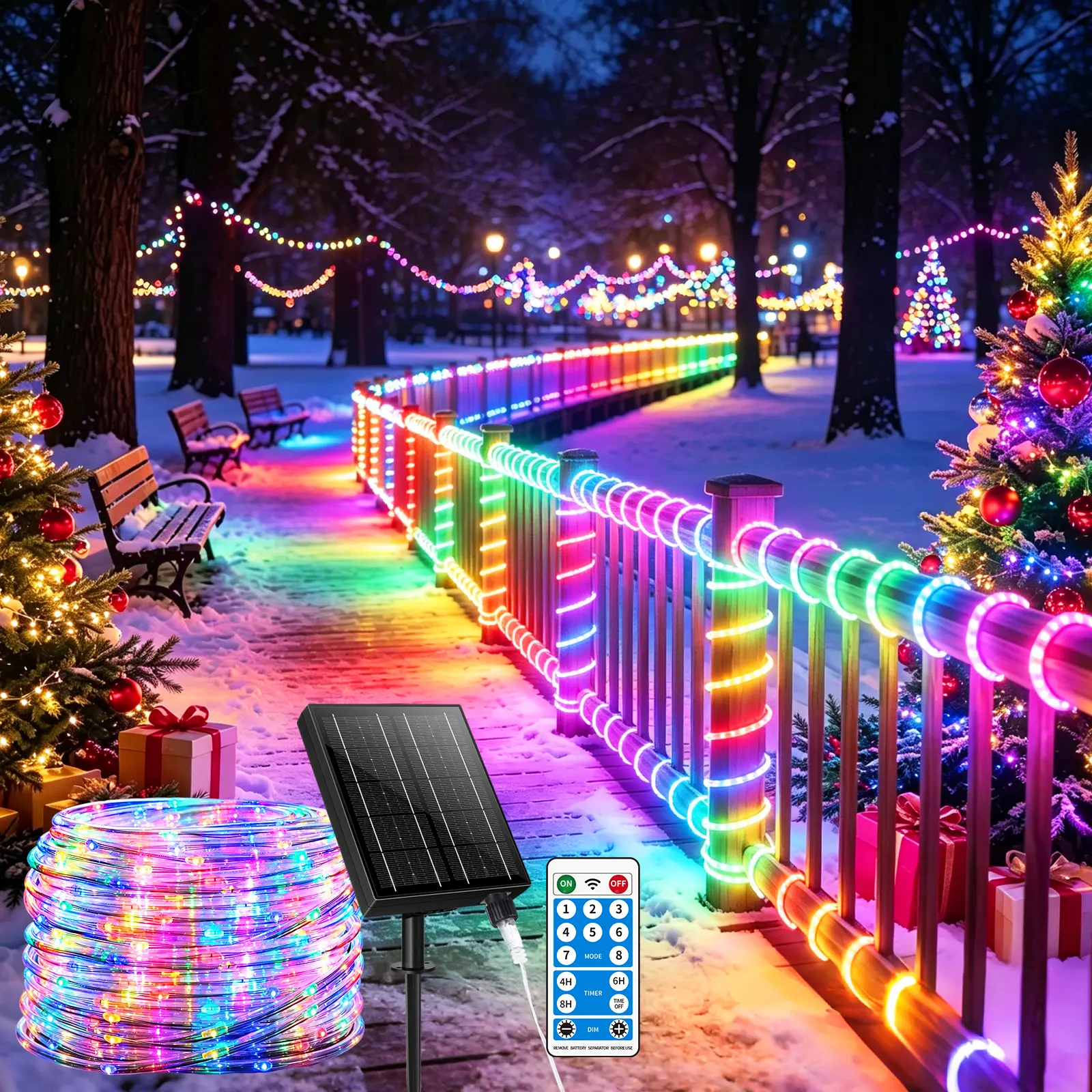 108.27FT Solar Rope Lights - 330 LED Waterproof Outdoor String Lights with Remote, 8 Modes Color Changing, CE Certified, Solar Panel Powered for Party Decorations, Camping Tents, Fences, Garden Decor