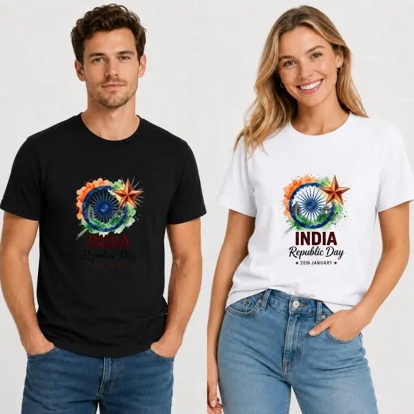 CARPESUN Women's Round Neck Short-Sleeve T-Shirt - Patriotic India Republic Day Ashoka Chakra Star Watercolor Print, Soft Cotton Blend Unisex Casual Tops for National Holiday Celebration, Single Piece Pack