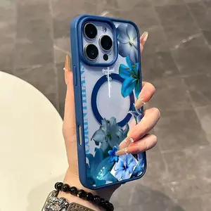 Magnetic TPU Silicone Case for iPhone 17, 16 E Pro Max, 15 Plus, 14, 13, 12, 11, XS, XR - Cute Blue Lily Frame Print, Shockproof, Trendy, Protective, Aesthetic Mobile Phone Case