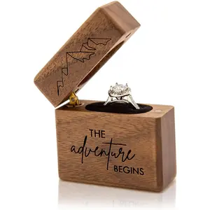 Slim Engagement Proposal Ring Box - Engraved Wooden Ring Bearer Box for Wedding Ceremony, Photo Shoot Props,  Slim  Box (The Adventure Begins)