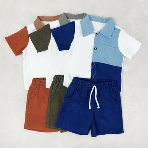 Ready Stock 1-6y Toddler Kid Boys Summer Outfits Buttons Color Block Short Sleeve Shirt & Shorts Set 2pCS Clothes 222210005-2