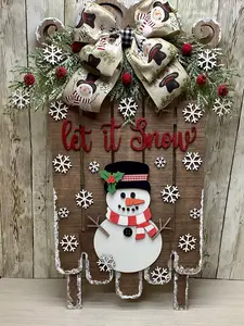 New Christmas Snowman Let It Snow Wooden Sled Door Wreath Sign 20”