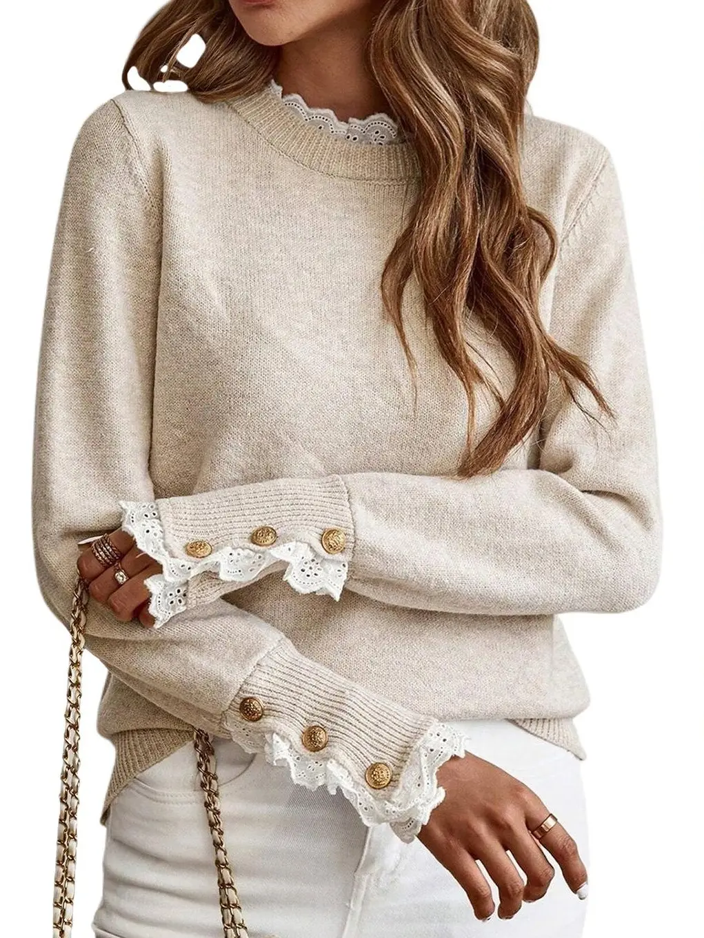 Cakulo 2026 Women's Loose-Fit Round Neck Long-Sleeve Knitted Sweater with Lace Trim  elegant and casual  soft and warm  flattering fit  versatile top Style Jeans