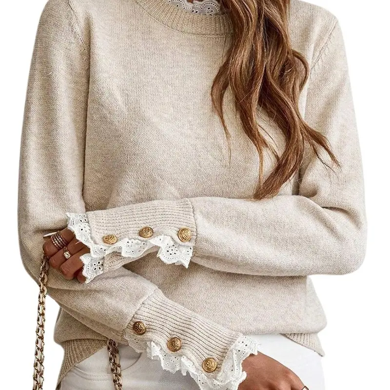 Cakulo 2026 Women's Loose-Fit Round Neck Long-Sleeve Knitted Sweater with Lace Trim elegant and casual soft and warm flattering fit versatile top Style Jeans