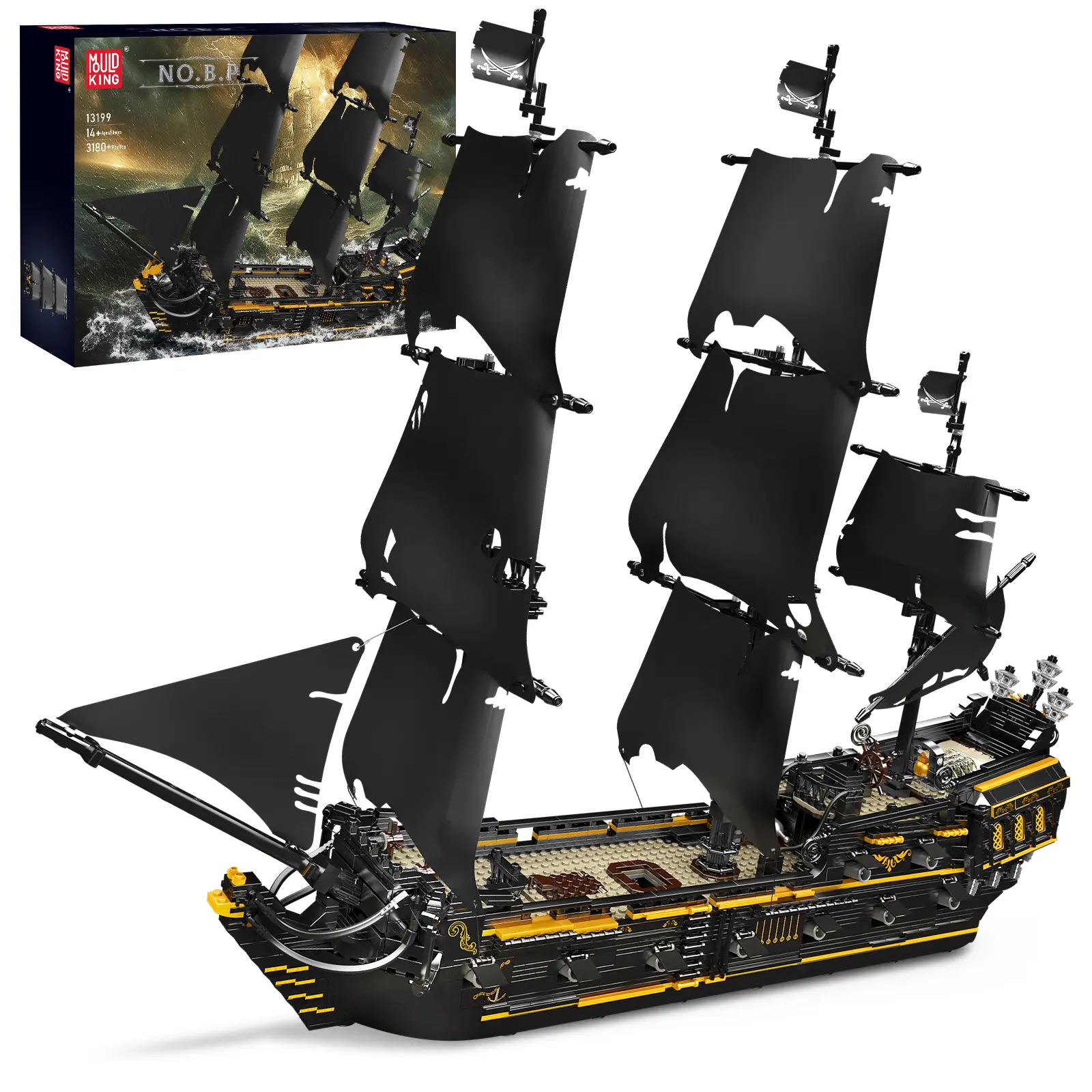 Mould King 13199 Unisex Large Black Pearl Pirates Ship Building Blocks Kit, 3180+ Pieces with Colorful Paper Instructions & Lights Set, 30.03” Long Gift for 8-10 Years & Adult Collectors