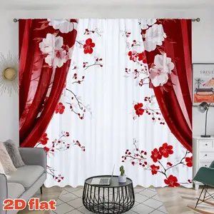 2D Flat 2Pcs Red Floral Blossom Curtains for Bedroom, Semi-Sunshade Window Drapes with Rod Pocket, Elegant White and Flower Print Decor Living Room, Dining, Home, Privacy Protection