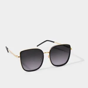 Verona Sunglasses by Katie Loxton - Unisex Round Black Frames with Gold-Tone Detail and UV400 Protection