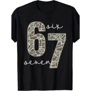 Boys & Girls Retro Camo 67 Number Graphic T-Shirt - Oversized Funny Meme Slang Tee with 6 Seven Design, Loose Fit Short Sleeve Casual Top for Kids 130-160 (Spring/Summer) - Alpha Gen Z Humor Apparel