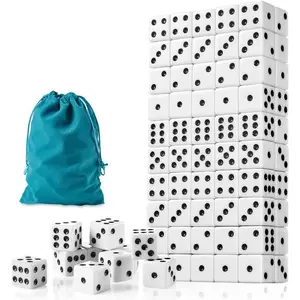 100 Pieces Dice Set, 16MM Standard Game White Dices, Opaque Six Sided Dice with Pouch, Black Dot Bulk White Dice for Group Event, Board Games, Classroom Math