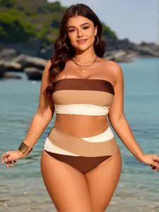 Women's Plus Size Swimsuit Bikini Set Bandeau Tummy Control Color Block Beachwear
