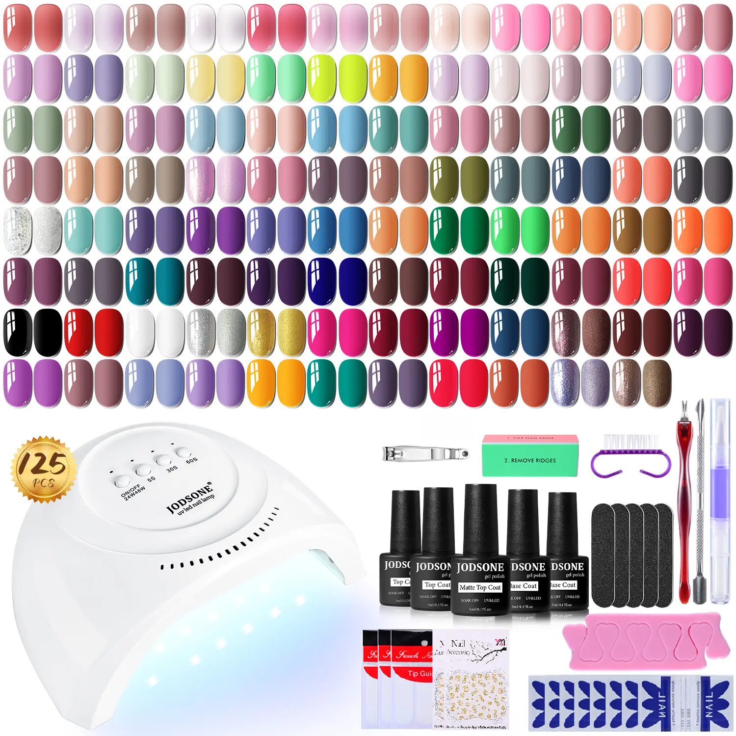 JODSONE 100 Bottles of Gel Nail Polish Kit with U V Led Light 95 Multiple Glossy Glitter Colors Mint Green Light Pink Nail Gel Base Coat Glossy and Matte Top Coat Gel Polish Kit