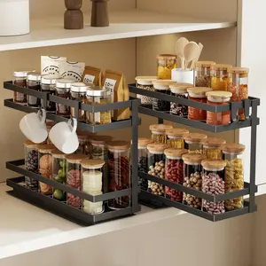 Pull Out  Rack Organizer for Cabinet, 2 Pack Metal Seasoning Organizer Slide Out  Storage Shelf No Assembly Vertical  Rack Pullout for Kitchen & Bahthroom No Drill(2 Tier,Black)