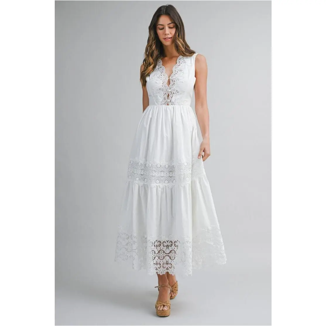 Taylor Lace Trimmed Sleeveless Midi Dress - White
