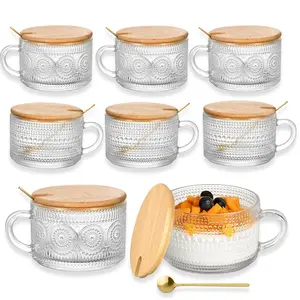 8 Pack 14oz Vintage Glass Coffee Mugs with Bamboo Lids and Spoons, Green Embossed Drinking Glasses for Iced Coffee, Tea, Latte