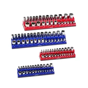 VEVOR Magnetic Socket Organizer Set, 8PCS Socket Holder, 1/4'', 3/8'' 1/2'' Metric SAE Socket Trays with Clear Labels, Hold up to 199PCS Standard Deep Sockets, Blaue Red (Sockets Not Included)