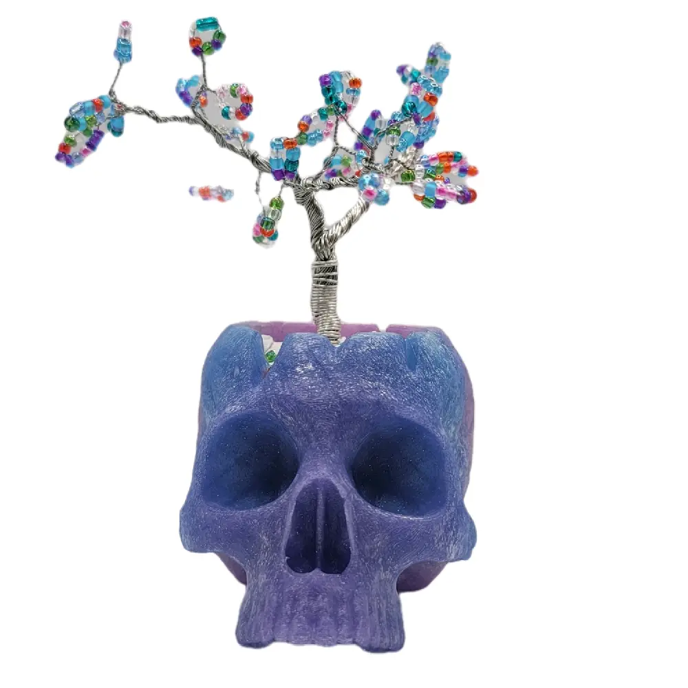 Handmade Beaded Wire glass bead Tree Sculpture in 3D-Printed Skull Planter, Gothic Non-Natural Crystal Home Decor, Colorful Bead Art Unique Gift
