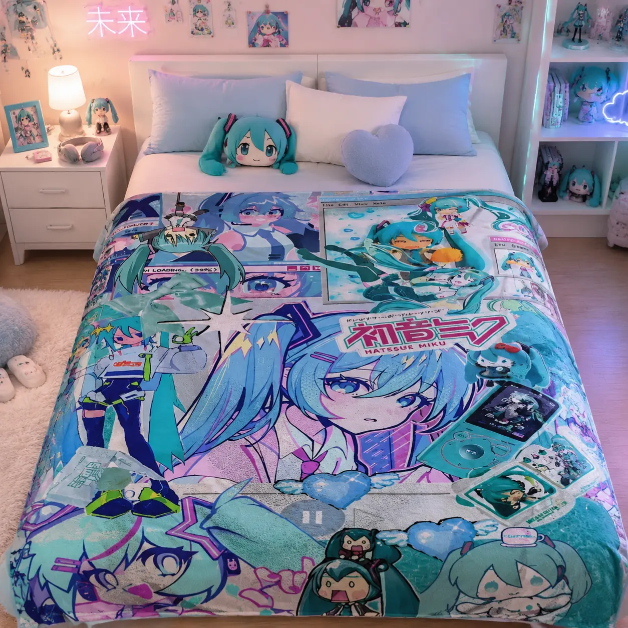 Kawaii Hatsune Miku Vocaloid Anime Artwork Collage Flannel Fabric Fleece Weave Throw Blanket - Durable, Ultra-Soft, Lightweight HD Print All-Season Blanket for Bed/Sofa/Dorm, Pastel Virtual Idol Home Decor Fan Gift, Indoor/Travel