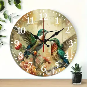 12 Inch Hummingbird Floral Wooden Wall Clock | Silent Non-Ticking Rustic Nature Decor, No Battery Included, Perfect for Living Room, Kitchen, Sunroom
