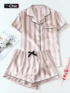 Women's Jacquard Striped Pajama Set, Pajama Pattern, Satin Loungewear Set, Casual Woven Fabric, Thin Fit, All Seasons Sleepwear, Comfortable Nightwear for Ladies, Pajamas Sleepwear