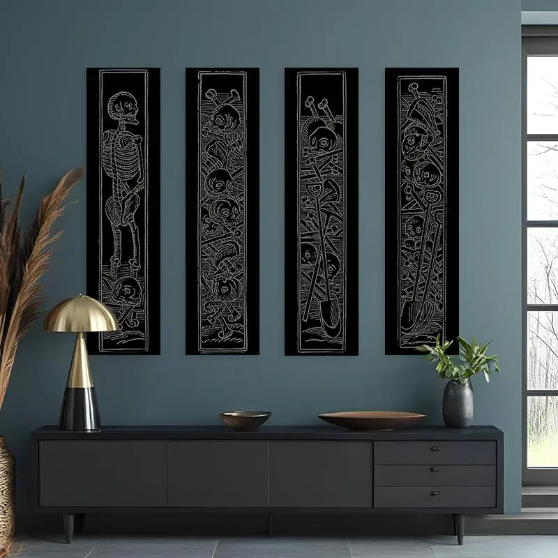 Gothic Skull Art Vertical Banner Tapestry, 1 Count/4 Counts Mysterious Skeletons Long Narrow Tapestry, Wall Hanging Goth Home Decor Dark Horror Theme Black and White Line Tapestries, Decor, Halloween
