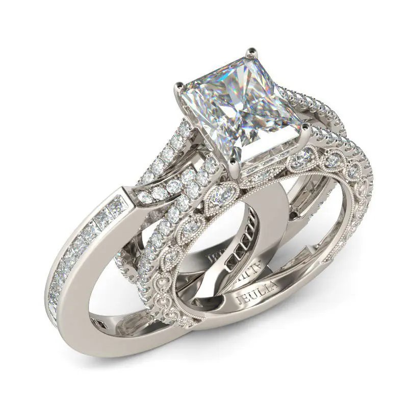 Jeulia Engagement Wedding Ring Set for Women 925 Silver 5.2 Carat Radiant Cut Cubic Zirconia Promise Anniversary Rings with Side Stones s 925 bridal  ring Sterling Silver Zircon s925 sterling silver