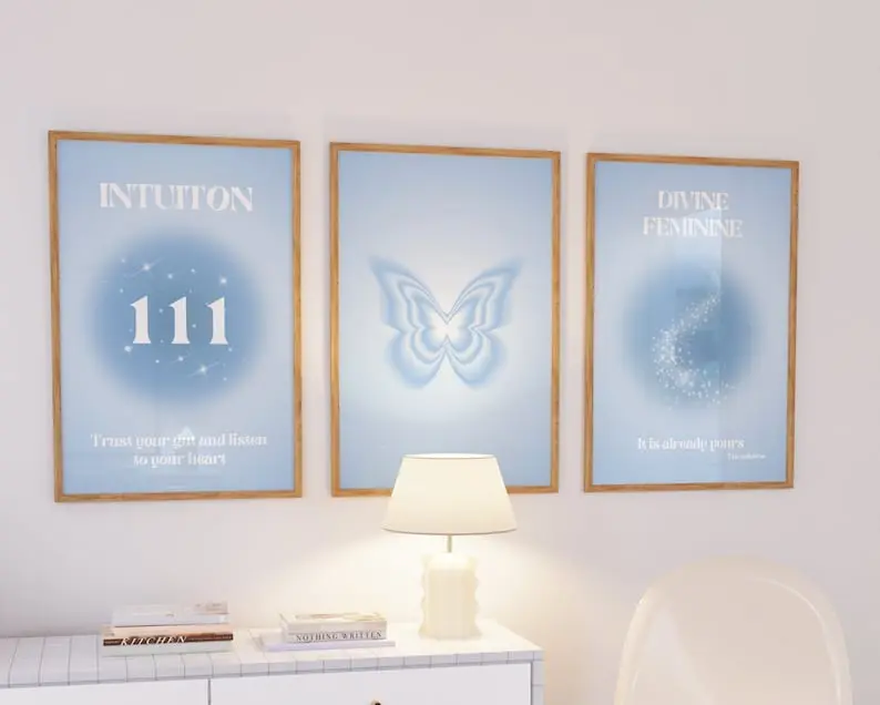 Blue Angel Aura Poster Set, Set of 3 Affirmation Poster, Spiritual Wall Art, Gradient Poster Set, Blue Self Love Posters, Angel Number 111