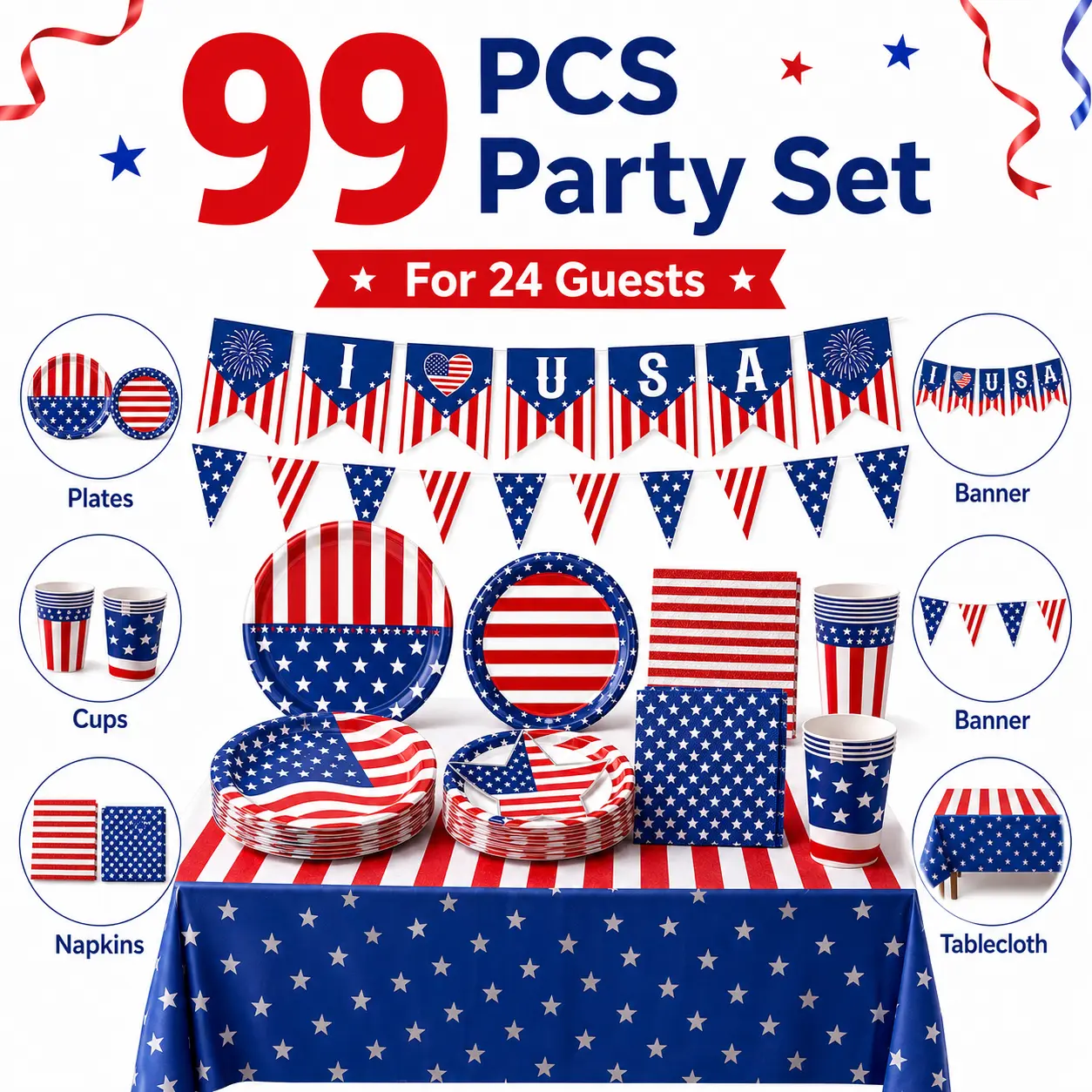 Red White Blue All Occasion Tableware Set | Serves 24 | 99PCS Disposable Plates Napkins Cups Banner Tablecloth | Patriotic BBQ Birthday Gender Reveal Party Decorations