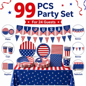 4th of July Independence Day Tableware Set | Serves 24 | 99PCS Disposable Plates Napkins Cups Banner Tablecloth | Red White Blue Patriotic BBQ Party Decorations
