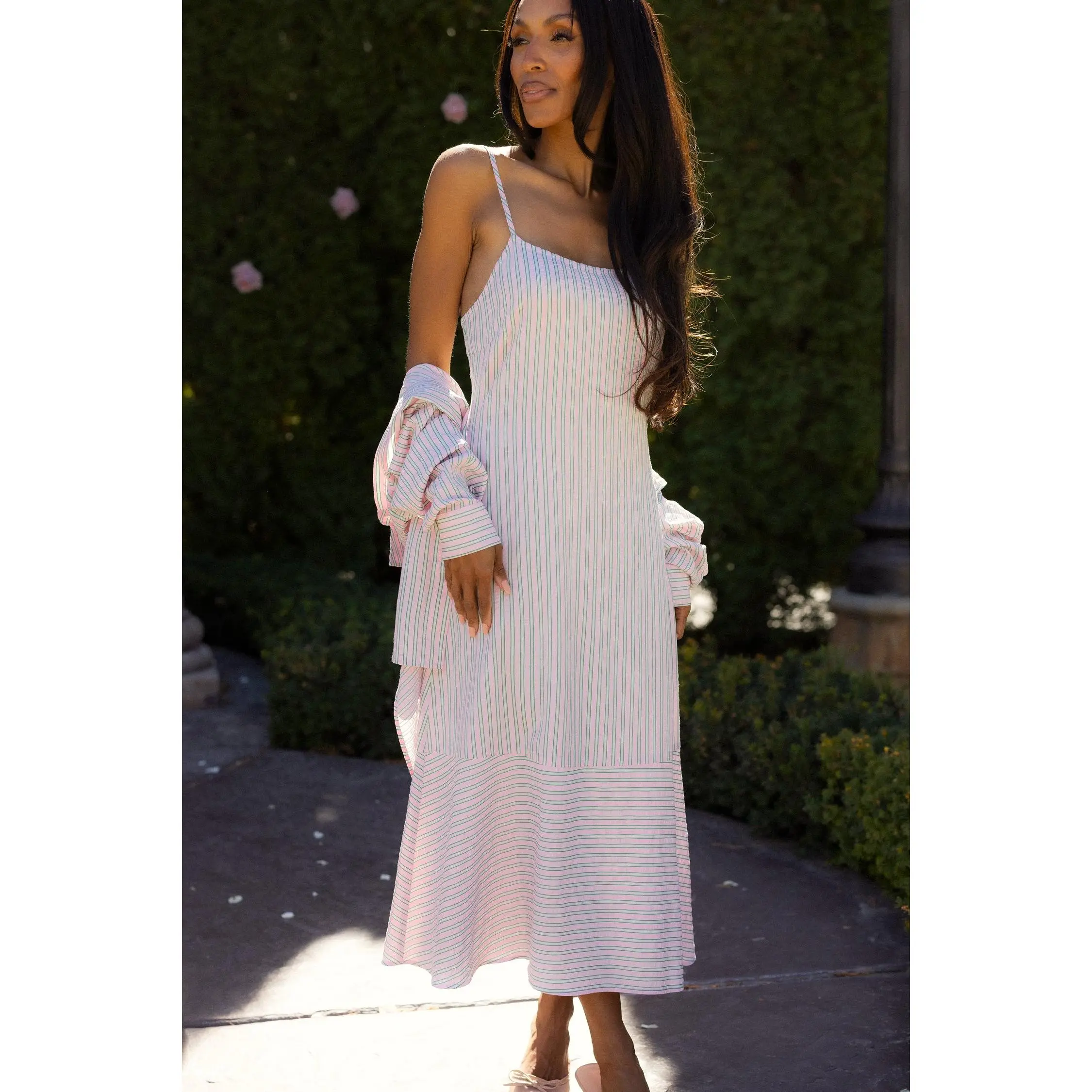Marbella Dress in Green & Pink Pinstripe