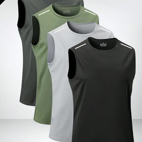 Unisex 4-Pack Fitted Quick-Dry Sleeveless Sports Vests with Reflective Shoulder Strips - Breathable Running Workout Tops, Dark Gray+White Assortment, Father's Day Gift, S Size
