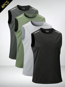 4-Pack Quick-Dry Sleeveless Sports Vest with Reflective Shoulder Strips - Breathable Comfortable Outdoor Fitness Sports Apparel, Tank Tops, Workout Tops (Summer Essentials, Father's Day Gift) Athletic Activewear,summerwins