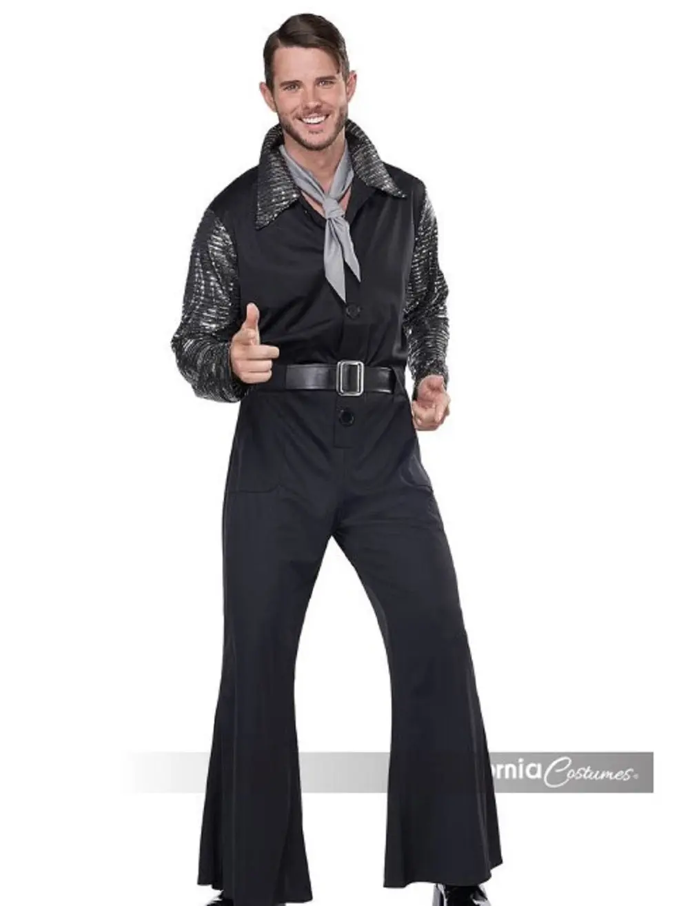 Black/Silver Flashy 70's Style Jumpsuit - Disco - Costume - Men - 3 Sizes